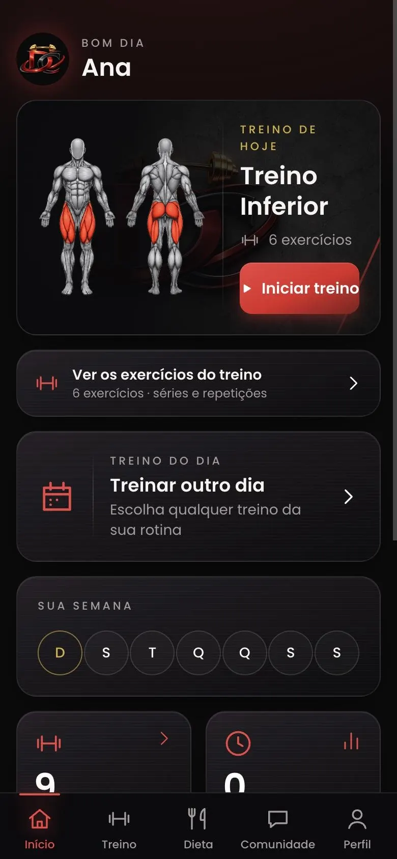 Tela inicial do app com o treino do dia e mapa muscular