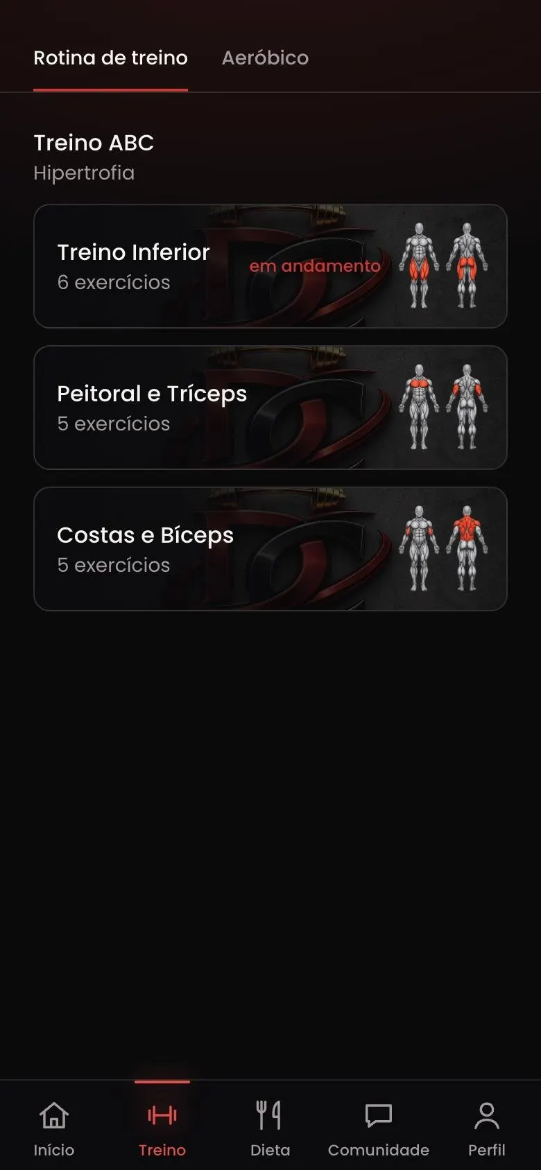 Tela de rotina de treino no app